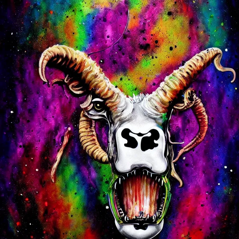 Prompt: cute xenomorph, cow head, lion mane, pig nose, sheep horns, splatter paint, desaturated rainbow color palette, symmetrical, golden ratio, rule of thirds, full face portrait