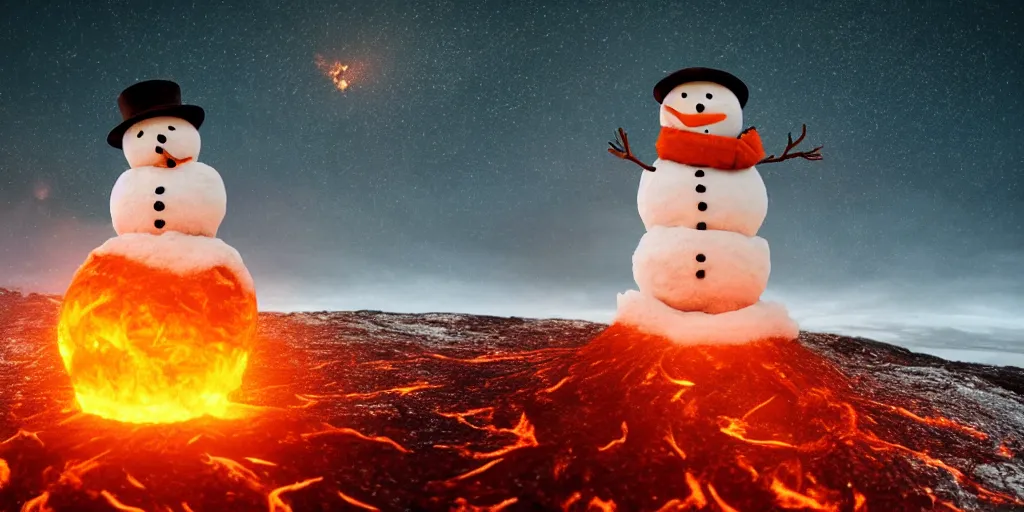 Prompt: a snowman standing on top of the sun. the ground is made from fire and lava and is glowing orange. cinematic, dramatic, atmospheric, extremely coherent, 8 k, space