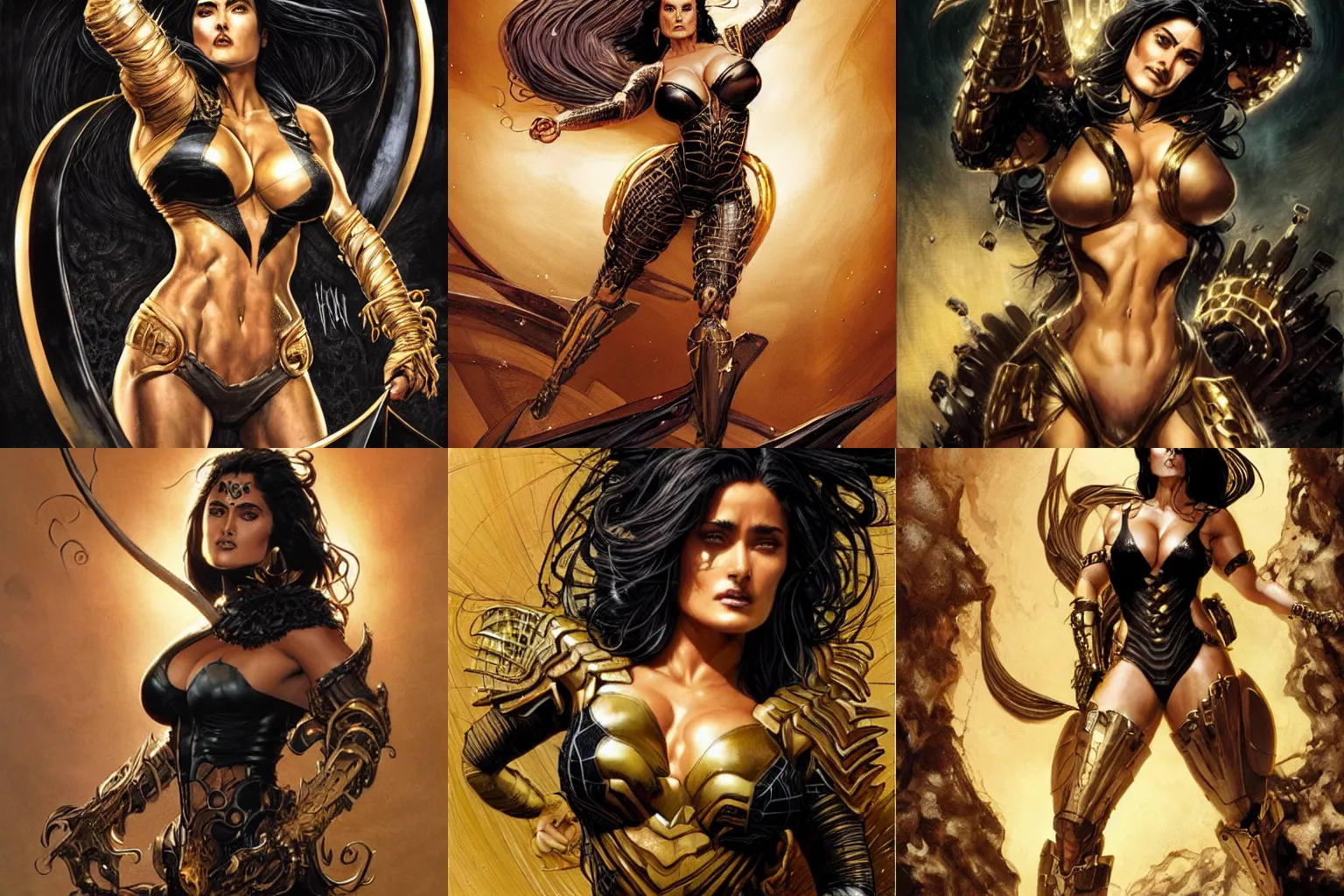 Prompt: muscular beautiful salma hayek wearing black and gold armor tombow artwork uta natsume , lucas graciano, greg staples,jean-sebastien rossbach ,christophe young , eytan zana , rumiko takahashi