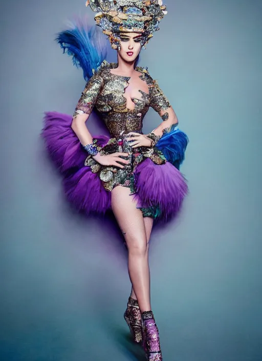 Image similar to katy perry styled by nick knight posing, full body shot, intricate headpiece, vogue magazine, canon, highly realistic. high resolution. highly detailed. dramatic. 8 k. 4 k.