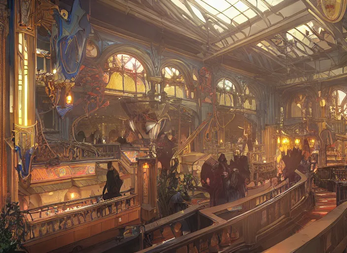 Image similar to arcane themepark interior designed by todd white, rendered by artgerm and greg rutkowski and alphonse mucha