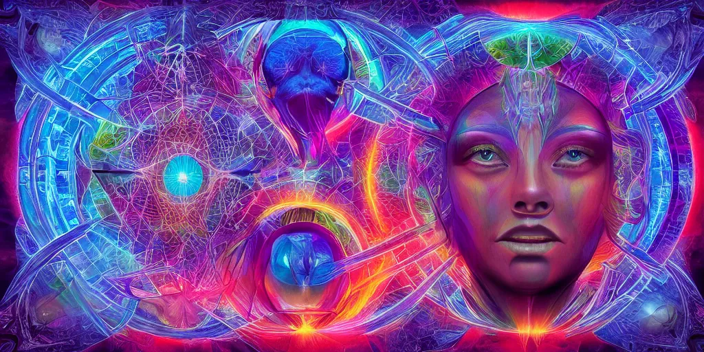 Image similar to transcendence into collaborative intelligence, endless collaboration with ai, connectedness, body, by alex grey, album cover, award winning, beautiful, colorful, volumetric lighting, trending on artstation, cinematic