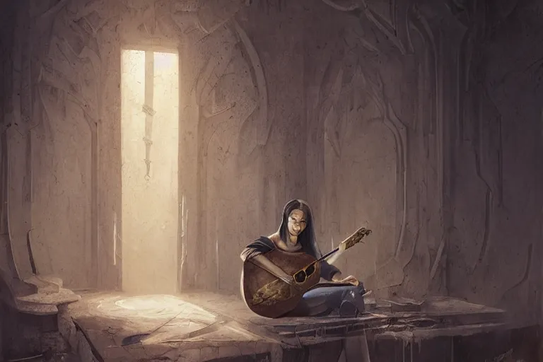 Prompt: an empty brutalist chamber, lonely, somber, a cursed carved wooden lute, oud, guitar designed by brian froud and hr giger leans against the wall alone, abandoned. a thin wisp of smoke rises from the lute. late afternoon lighting cinematic fantasy painting by jessica rossier