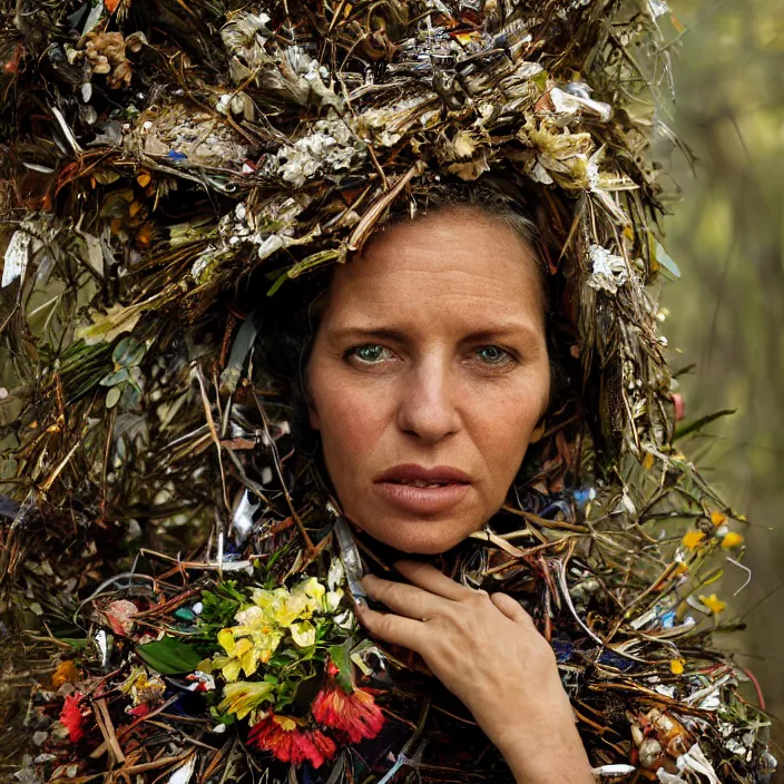 Prompt: closeup portrait of a woman wearing a cloak made of flowers and metal scraps, standing in a burnt forest, by Annie Leibovitz and Steve McCurry, natural light, detailed face, CANON Eos C300, ƒ1.8, 35mm, 8K, medium-format print