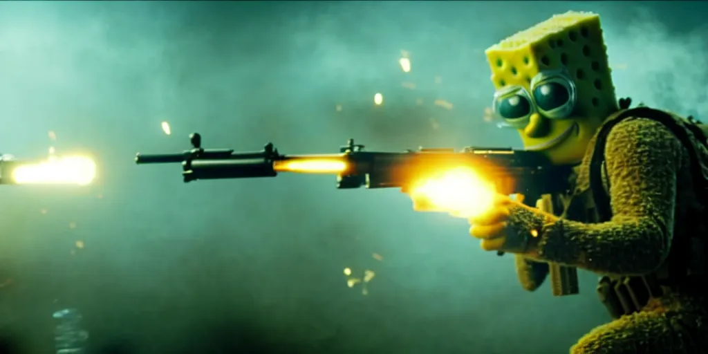 Image similar to high detail movie still of ultra realistic spongebob squarepants shooting an ak - 4 7 machine gun with muzzle flash, cinematic framing rule of thirds, cinematic light, hard shadows, in the style of the movie lone survivor,