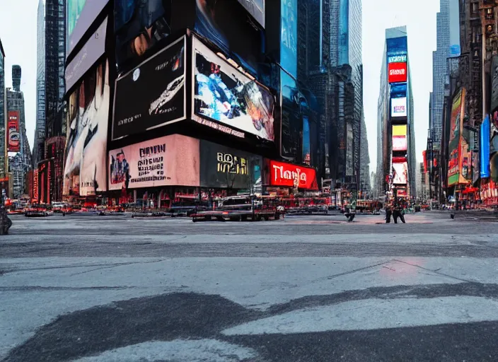 Prompt: film still of post apocalyptic empty time square at midnight, overgrown with wildlife walking through in the new sci - fi movie, 8 k