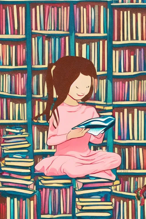 Image similar to a little girl sits cross legged on top of a tall pile of books. she is reading. clean elegant pretty cartoon painting, flat colors, beautiful detailed face.