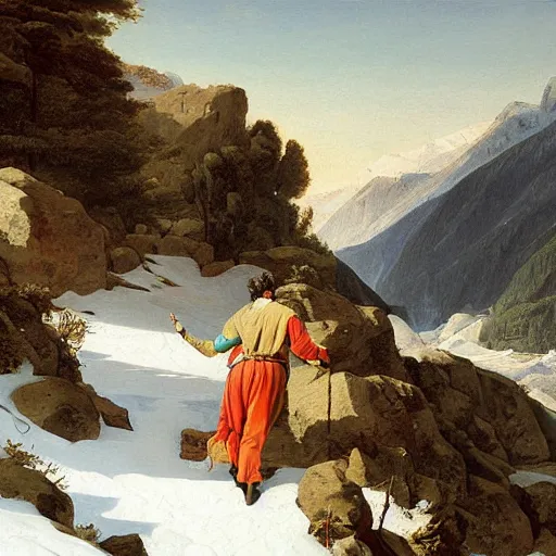 Image similar to steve jobs crossing the alps painting by jacques louis david.