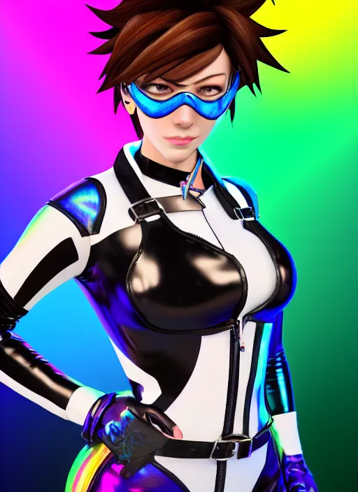 Image similar to portrait bust digital artwork of tracer overwatch, wearing iridescent rainbow latex and leather straps catsuit outfit, 4 k, expressive happy whistling face, makeup, in style of mark arian, angel wings, wearing detailed leather collar, chains, black leather harness, detailed face and eyes,