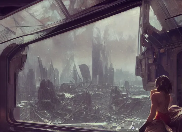 Prompt: view through window, giant spaceship, city is pure wasteland, rain, dusk, low saturation, glowing lights, alphonse mucha, greg rutkowski, trending on artstation, artgerm, breathtaking, sharp focus, smooth, mark arian, award winning, highly detailed 4 k art