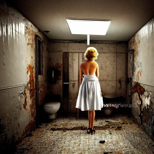 Prompt: marlin monroe in a derelict bathroom posing, realistic, 8k resolution, hyperdetailed, highly detailed, real life, studio lighting, high quality, dramatic shot,