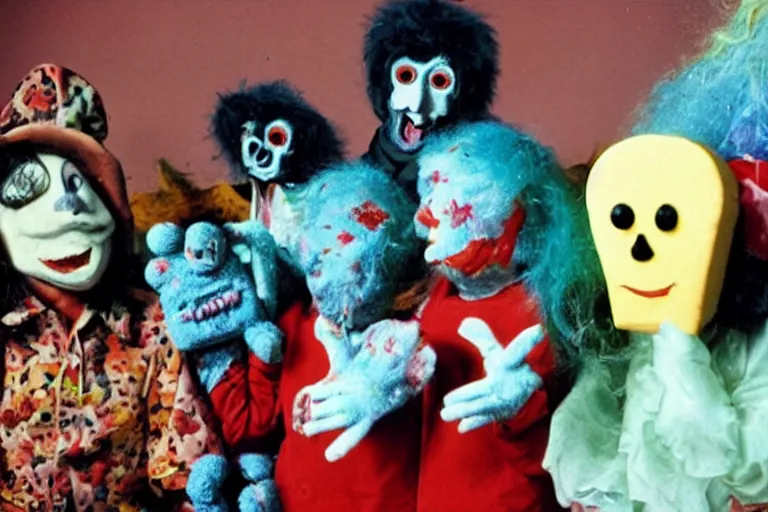 Prompt: a full color still from a weird live action 1 9 7 3 kids show about cheese death, puppets, fuzzy ghost, grunge, horror, static