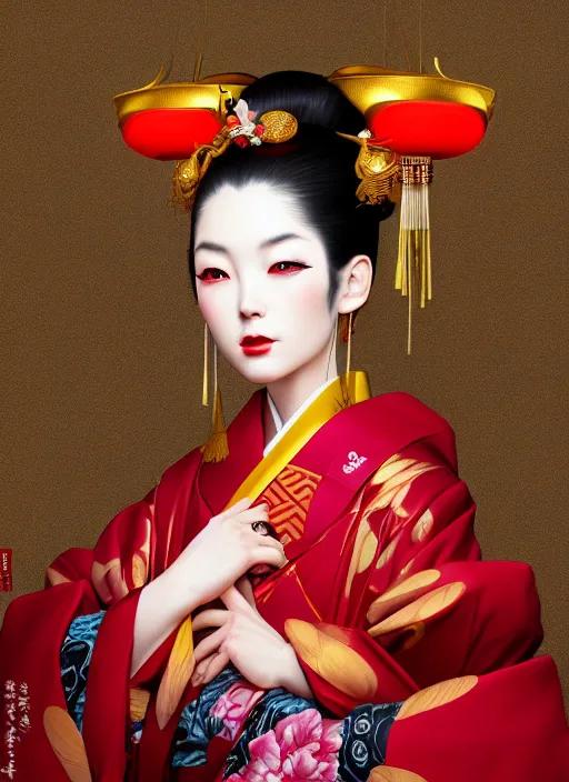 Image similar to dreamlike luxury stunning oiran portrait, red and gold kimono, art by artgerm, wlop, loish, ilya kuvshinov, 8 k realistic, hyperdetailed, beautiful lighting, detailed background, depth of field, symmetrical face, frostbite 3 engine, cryengine,