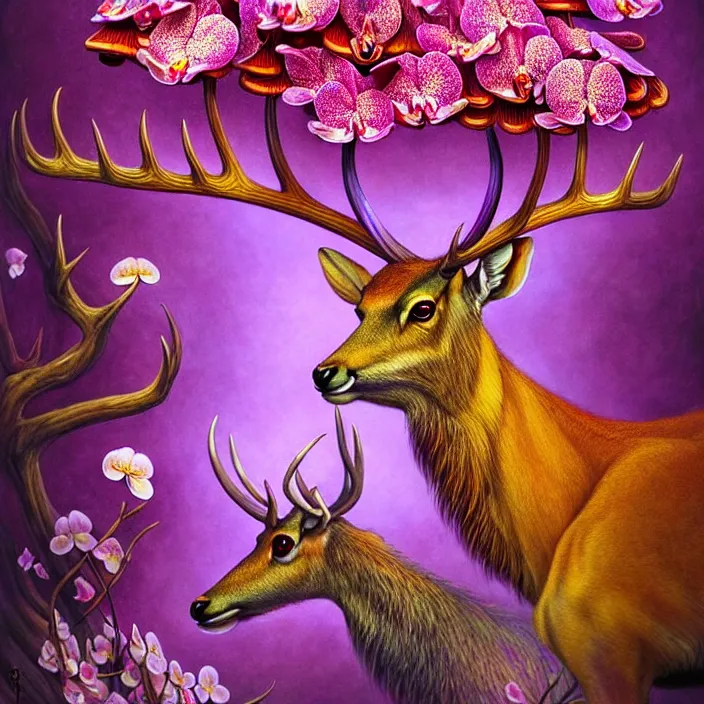 Image similar to extremely psychedelic animal made of orchid and cherry blossom tree and mushroom, elk, gazelle, LSD, diffuse lighting, fantasy, intricate, elegant, highly detailed, lifelike, photorealistic, digital painting, artstation, illustration, concept art, smooth, sharp focus, art by John Collier and Albert Aublet and Krenz Cushart and Artem Demura and Alphonse Mucha