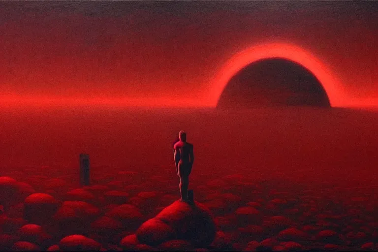 Image similar to only with red, a red god of death eat apple, a futuristic city on mars in background, an ancient path, pathos, in the style of beksinski, part by hopper, part by rodcenko, part by hofbauer, intricate composition, red by caravaggio, insanely quality, highly detailed, masterpiece, red light, artstation