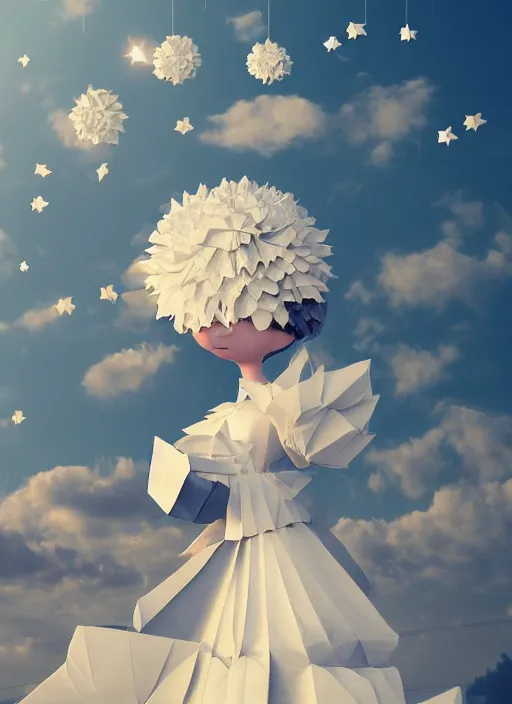 Image similar to background edge of space with puffy clouds are dusk, anthropomorphic paper woman wrapped in a flowing couture tissue paper, paper chrysanthemums, many origami stars, eery light, 3 d, very detailed, octane render, trending artstation, trending cgisociety, artgem