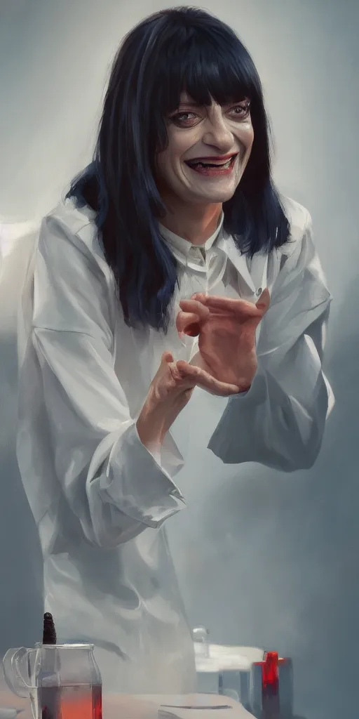 Image similar to Every Mia Wallace ever laughing at you, Darek Zabrocki, Karlkka, Jayison Devadas, Phuoc Quan, trending on Artstation, 8K, ultra wide angle, pincushion lens effect