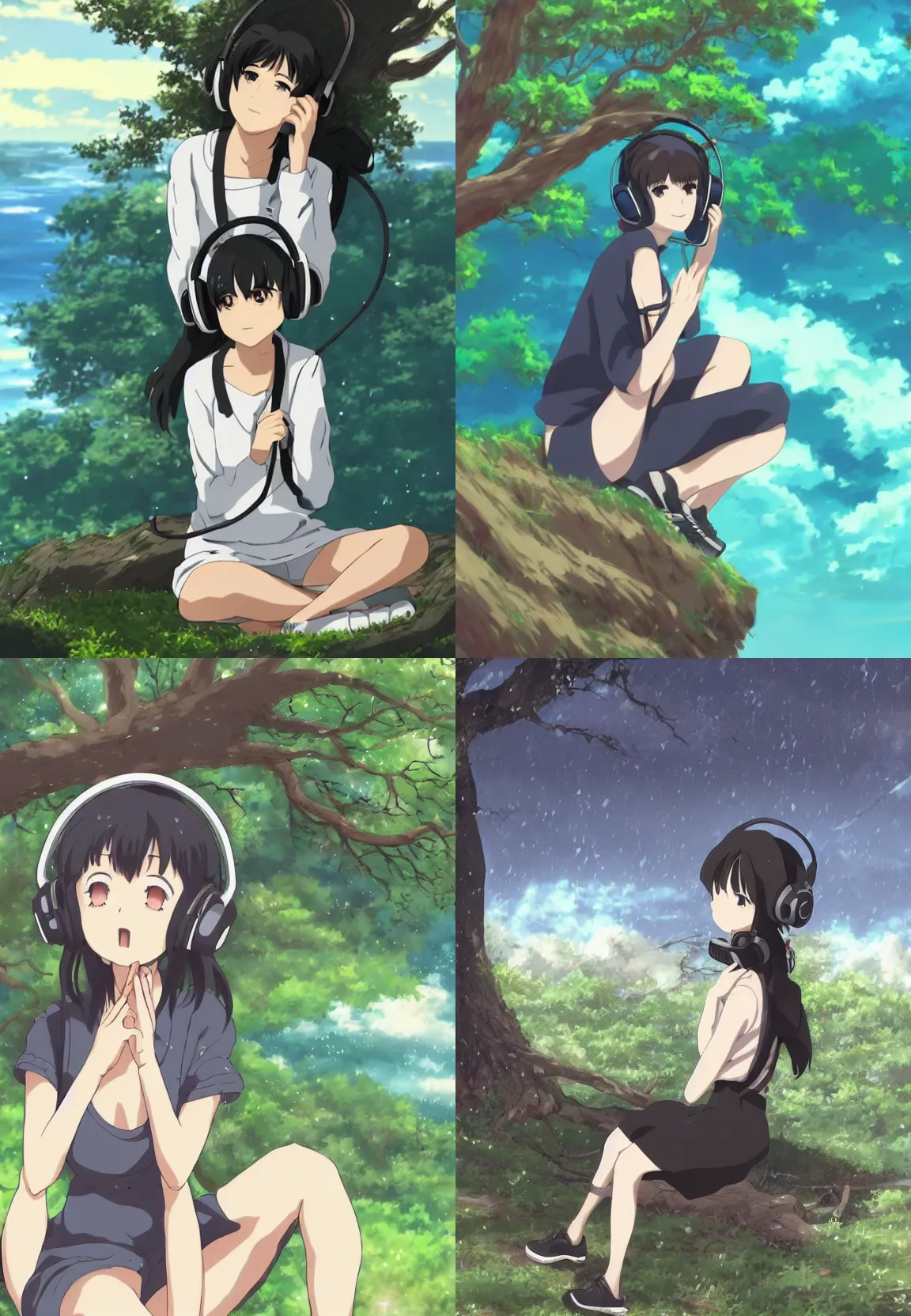 Prompt: A Beautiful Anime Girl with Short Black Hair wearing Headphones, Listening to music, sitting against a tree, on a cliff, cloudy, rainy, ocean waves, epic, beautiful, masterpiece, glowing, Ghibli