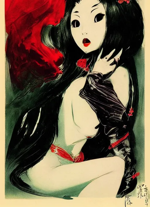 Image similar to portrait of mighty korean vampiress, jeweled veil, strong line, saturated color, beautiful! coherent! by frank frazetta, high contrast, minimalism