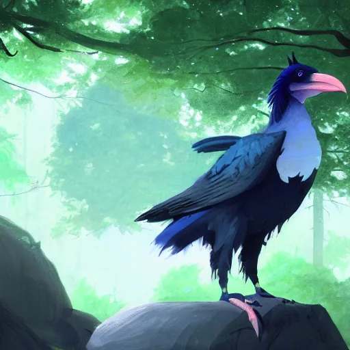 Image similar to concept art painting of an anthropomorphic albino raven wearing dark blue robes, in the deep forest, realistic, detailed, cel shaded, in the style of makoto shinkai and greg rutkowski and james gurney