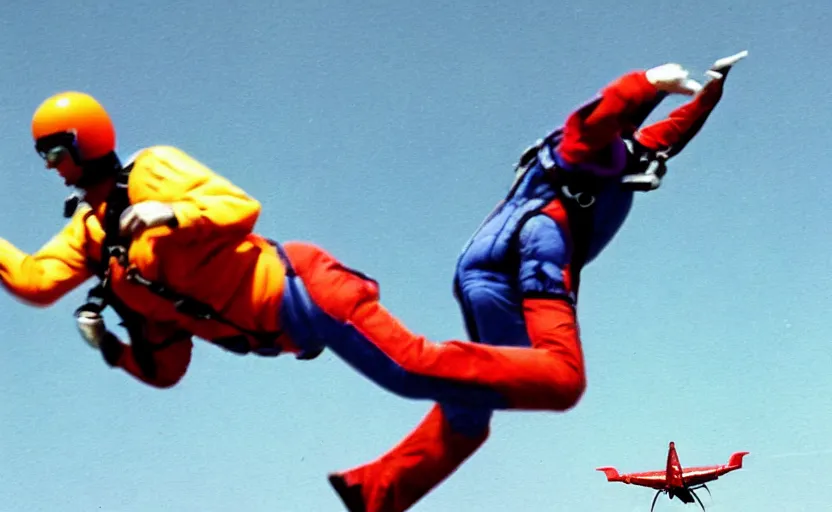 Image similar to color photo. closeup of a skydiver jumping. plane in the background 8 0'style