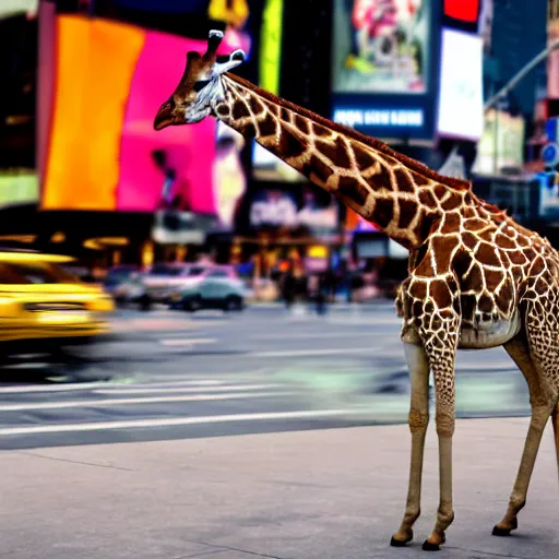 Image similar to a still of a giraffe stand in the intersection at times square. motion blur