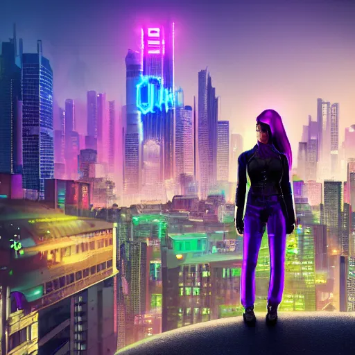 Image similar to digital photography of cyberpunk girl standing on a rooftop, short purple hair with undercut, realistic body shape, wearing long leather trenchcoat and black cargo pants. night time, neon cityscape background, flying blimp with searchlights shining in the distance. 8 k high resolution