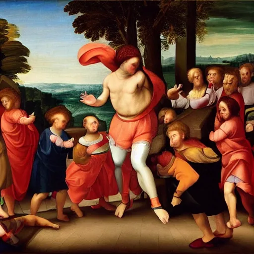 Prompt: A renaissance painting of the dancing GrubHub guy