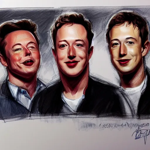 Image similar to portrait of elon musk, mark zuckerberg, jeff bezos, in meeting together, very detailed, art contest winner on behance, trendy on deviant art, by by artgem