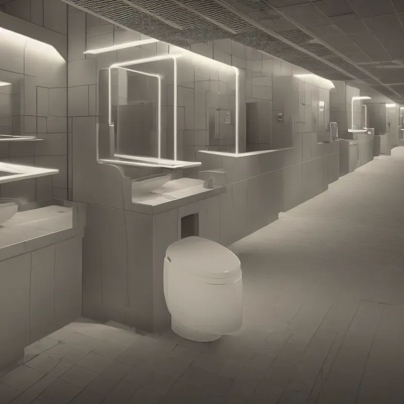 Image similar to an infinite public restroom with endless stalls and endless sinks fading into the distance, cinematic lighting, volumetric lighting, award winning photography, highly detailed, intricate, sharp focus, 4 k wallpaper, unreal engine, 9 0 mm, f / 1. 4