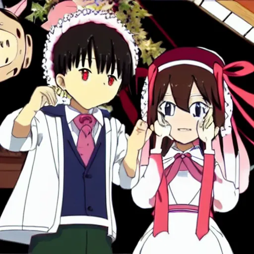 Image similar to Takagi and Nishikata getting married, High Quality Anime Style, featuring Hibino Mina, Tsukimoto Sanae, Tenkawa Yukari, Houjou, and Sakurai, 8k