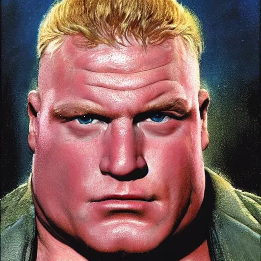 Image similar to head and shoulders portrait of brock lesnar as baron harkonnen from dune 1982 movie, background dystopian scifi palace, painted by norman rockwell and tom lovell and frank schoonover