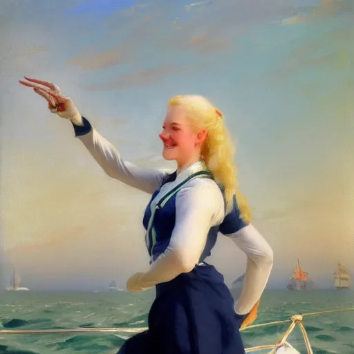 Prompt: painting of a muscular albino female sailor woman with broad shoulders, flowing white hair, and a confident smile, naval uniform, on a boat at sea. painting by john singer sargent and ivan aivazovsky, 4 k hd artstation