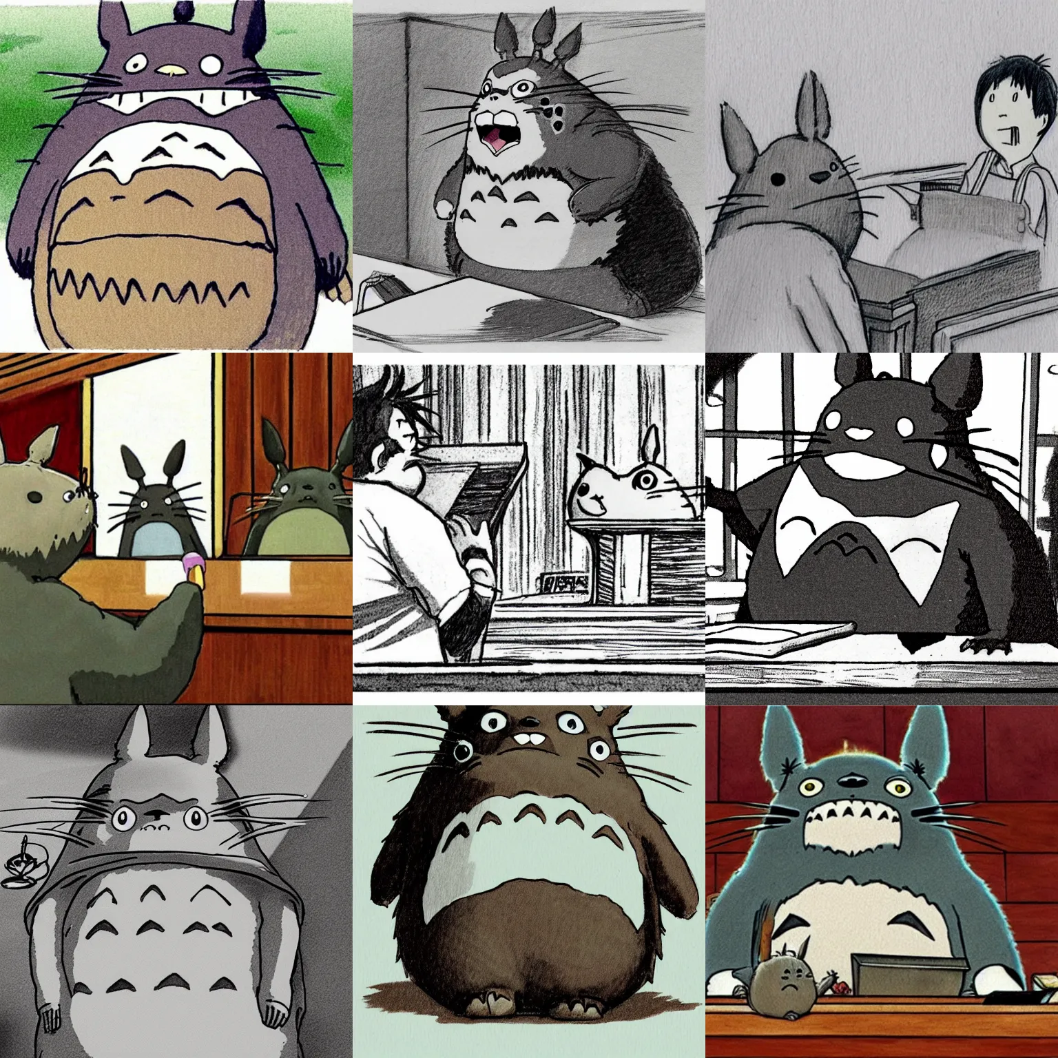 Prompt: a courtroom sketch of totoro giving a testimony