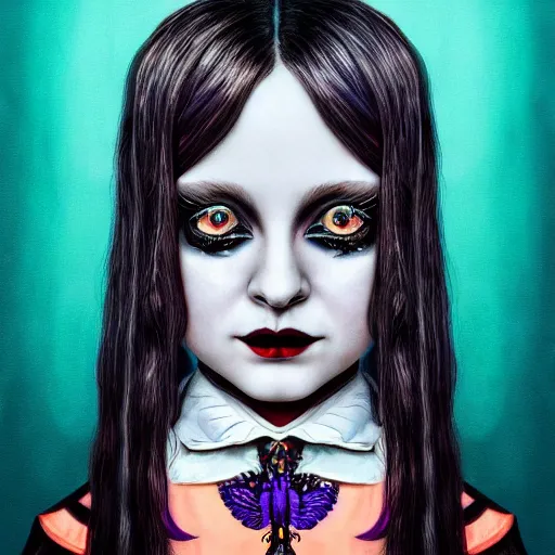 Prompt: An extremely psychedelic portrait of Wednesday Addams, surreal, LSD, face, detailed, intricate, elegant, lithe, highly detailed, digital painting, artstation, concept art, smooth, sharp focus, illustration