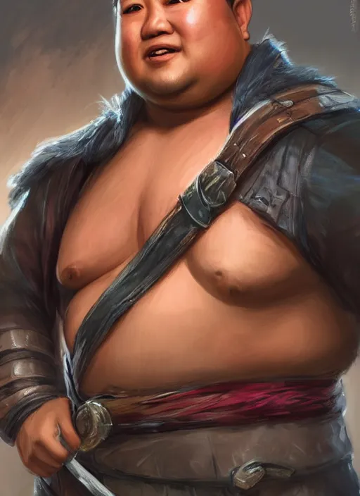 Image similar to slightly chubby asian man with medium black parted hair, dndbeyond, bright, colourful, realistic, dnd character portrait, full body, pathfinder, pinterest, art by ralph horsley, dnd, rpg, lotr game design fanart by concept art, behance hd, artstation, deviantart, hdr render in unreal engine 5
