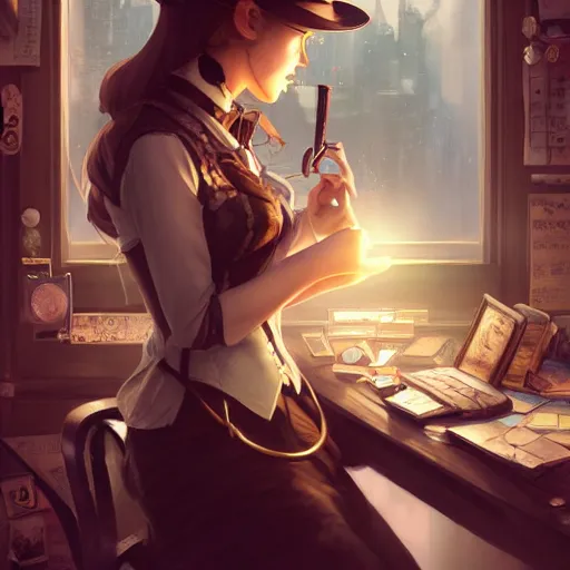 Image similar to a beautiful steampunk detective girl sitting in her office | | cute - fine - face, pretty face, fine details by stanley artgerm lau, wlop, rossdraws, james jean, andrei riabovitchev, marc simonetti, and sakimichan, trending on artstation