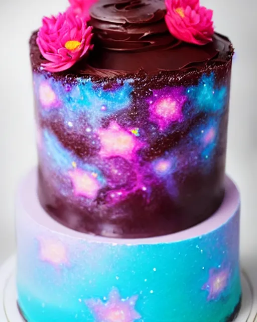 Image similar to supernova chocolate cake with decorative icing flowers, dripping fondant frosting, sparkling, cosmic cake, sylvain sarrailh, artstation