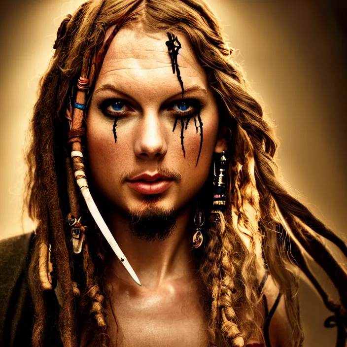 Prompt: photographic portrait of Taylor Swift of Jack Sparrow, high light on the left, illuminated by a dramatic light, Low key lighting, light dark, High constrast, dramatic , Steve Mccurry, Greg Rutkowski, Alphonse Mucha, high quality, photo-realistic, four fingers maximum ,8K