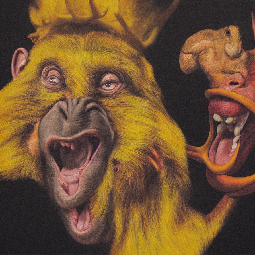 Image similar to hyper realistic portrait painting by chuck close, studio lighting, brightly lit yellow room, an ape with antlers laughing with a giant rabbit clown