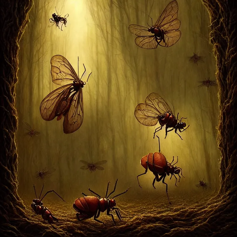 Prompt: epic professional digital art of startling hungry insects, faint golden moody atmospheric lighting, painted, intricate, detailed, detailed, foreboding, by leesha hannigan, wayne haag, reyna rochin, ignacio fernandez rios, mark ryden, iris van herpen,, epic, stunning, gorgeous, much wow, cinematic, masterpiece.