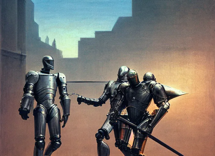 Image similar to fight knights in armor vs robocop, rome, highly detailed, soft lighting, elegant, works by edward hopper and james gillard, zdislaw beksinski, stephen outram, andreas m wiese, highly detailed
