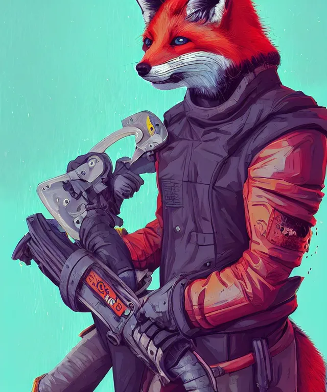 Image similar to a portrait of an anthropomorphic cyberpunk fox holding a chainsaw, fantasy, elegant, digital painting, artstation, concept art, matte, sharp focus, illustration, art by josan gonzalez