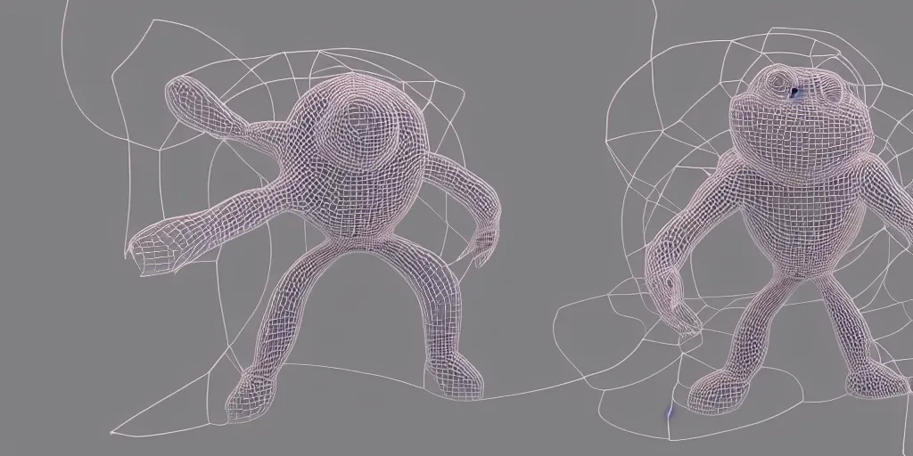 Image similar to creature made out of wireframe, vertices and 3D artifacts, bubbly, colorful and shinmering, bloom, placed in the middle of the picture, clean gray background