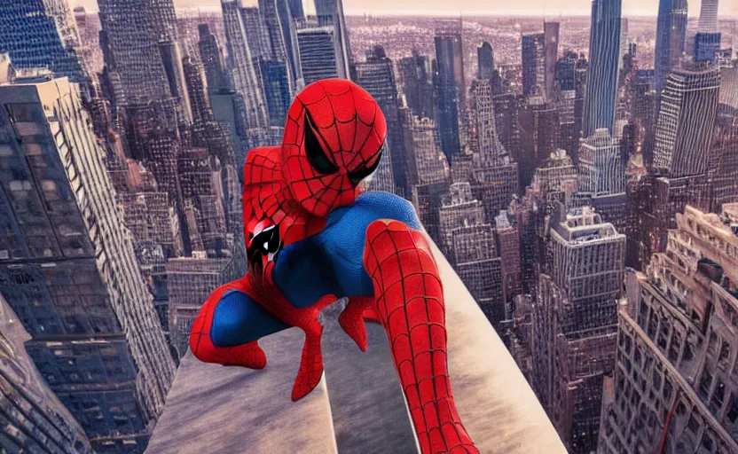 Image similar to a still of spider - man looking at the skyline of new york city, cinematic lighting, fantasy art, detailed