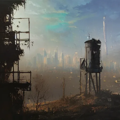 Prompt: Oil painting of a man overlooking town ruins, ashes, Landen Belgium watertower burning, D&D, Magic The Gathering, by Craig Mullins, intricate details, light rays from the surface, Nekro, Victo Ngai, centered, volumetric lighting