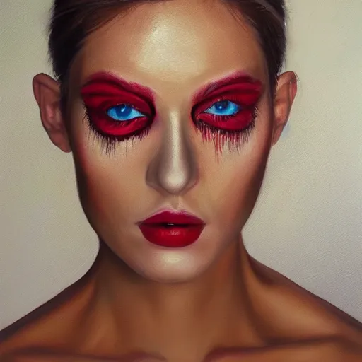 Image similar to hyperrealism oil painting, fashion model portrait, rose eye sockets