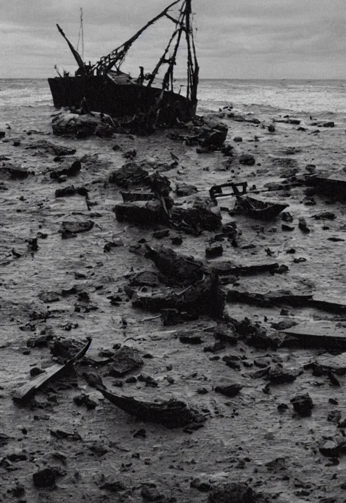 Prompt: the ship of theseus wrecked upon the night's plutonian shore, 35mm photography by Edgar Allan Poe