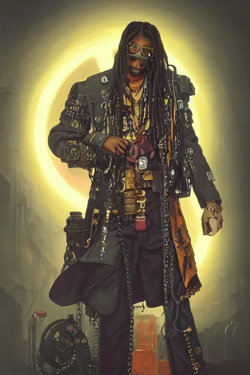 Image similar to 2 0 year old snoop dog as a steampunk cyborg gunslinger, portrait, cyber western, neon, duster, fantasy, intricate, elegant, highly detailed, digital painting, artstation, concept art, sharp focus, illustration, art by artgerm and greg rutkowski and alphonse mucha