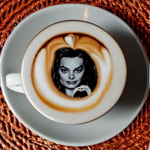 Prompt: photo of a cup of coffee with margot robbie latte art, highly detailed